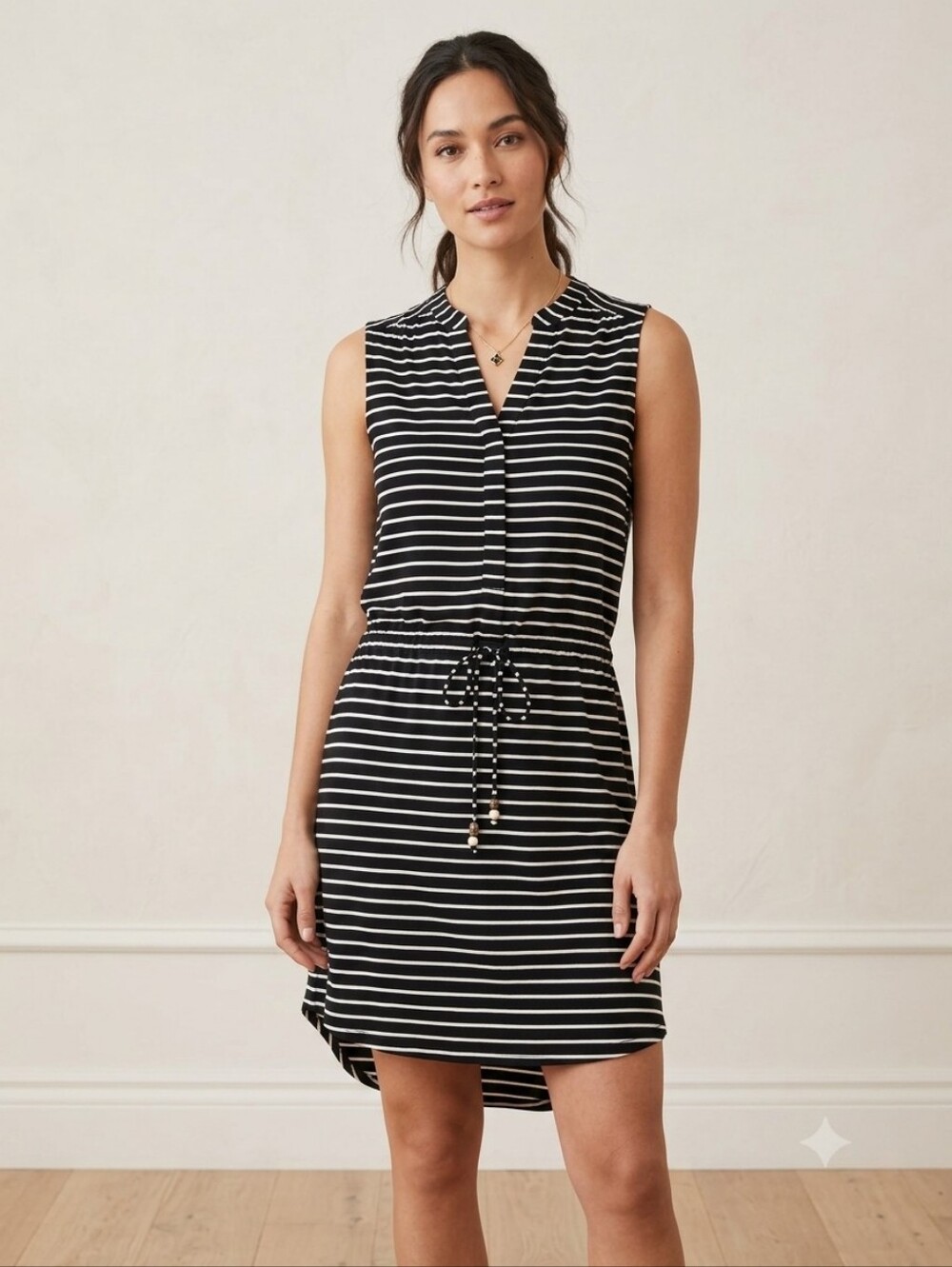 Metaphor Black & White Striped Sleeveless Drawstring Dress